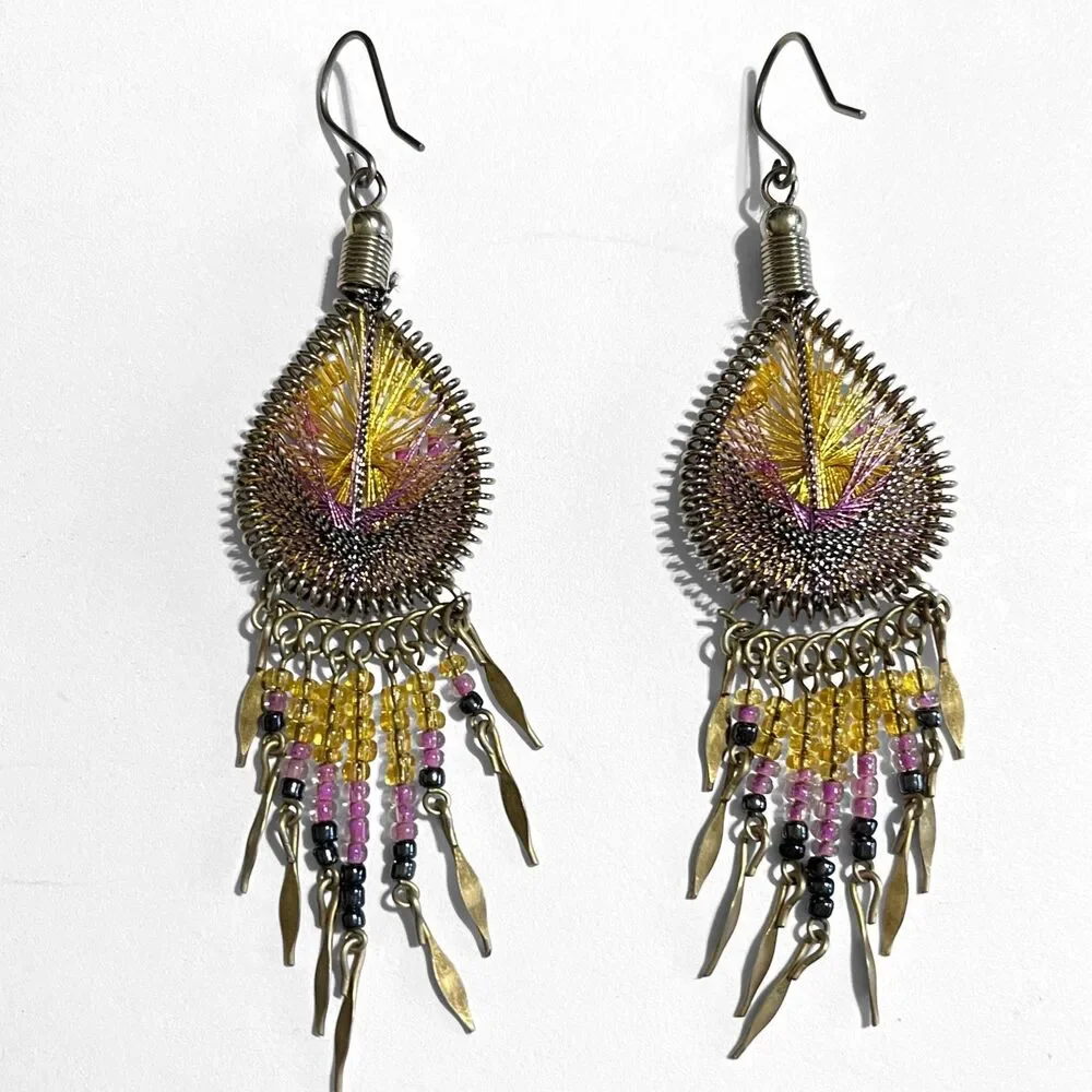 VTG Dreamcatcher Earrings Woven Teardrop Silver Tone Dangle Chandelier 3.5